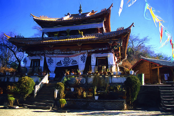 Buddhist temple on an island in Lugu Lake, Yunnan Province