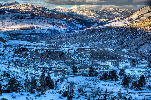 Mammoth Hot Springs hotel complex at sunset