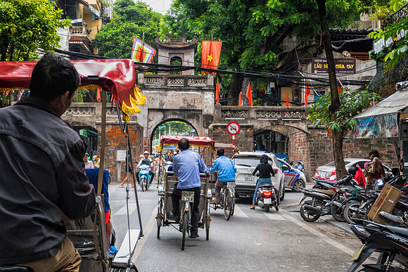 Historic downtown Hanoi from a cyclorickshaw