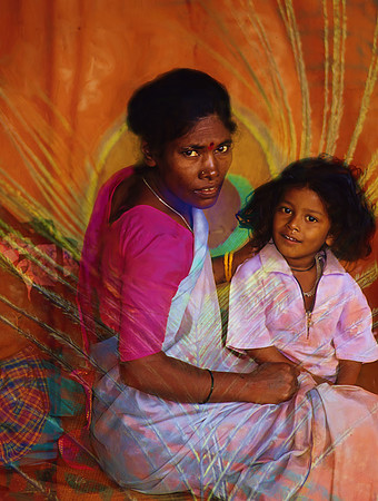 Indian seamstress and child