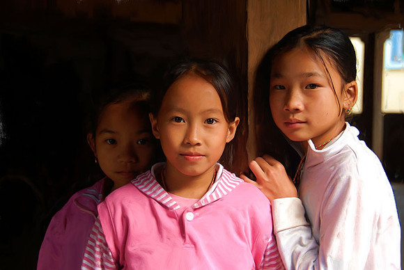 Three shy girls, rural Yunnan Province
