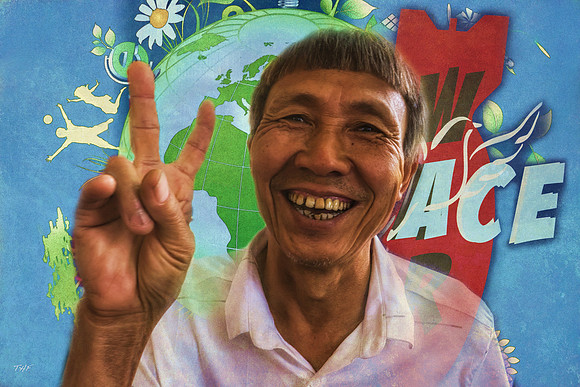Peace! A North Vietnam vet signals his wish after we embraced