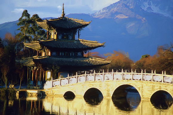 Bridge to a temple, park in Lijiang, Yunnan Province